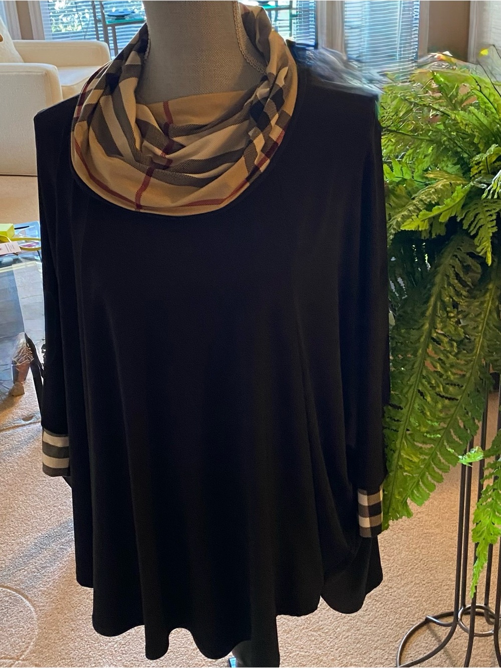 Classic Black Women's Tunic with Plaid Infinity Scarf
